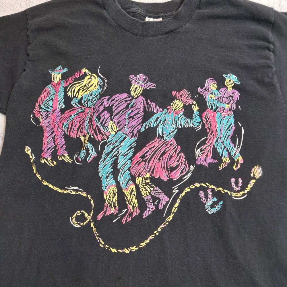Fruit of the Loom T-Shirt Mens M Black Vintage 90s Square Dance Neon Puff Print - Picture 3 of 7